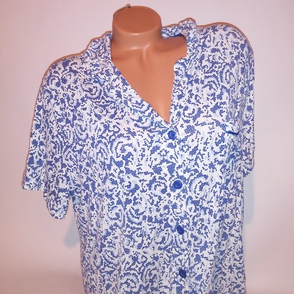 Soma Pajama Top Sleepwear XL Blue White Short Sleeve Geo Button Up Rayon Spandex - Picture 4 of 10